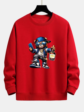 Men's Hip Hop Teddy Bear Graphic Sweatshirt – Relaxed Fit Crew Neck - Red