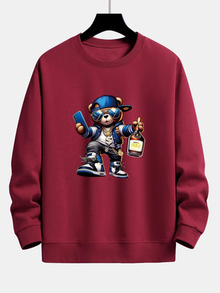 Men's Hip Hop Teddy Bear Graphic Sweatshirt – Relaxed Fit Crew Neck - Wine Red