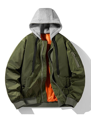 Men's Hooded Bomber Jacket – Contrast Lining Zip-Up - Army Green