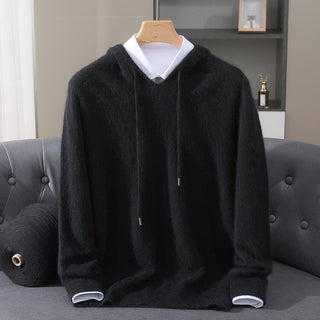 Men's Hooded Knit Pullover Sweater in black, Structured Hood