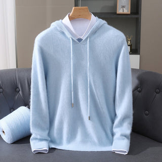 Men's Hooded Knit Pullover Sweater in blue, Structured Hood