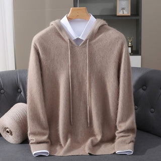 Men's Hooded Knit Pullover Sweater in camel, Structured Hood