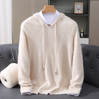 Men's Hooded Knit Pullover Sweater in cream, Structured Hood