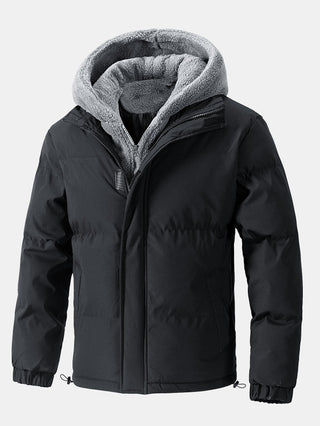 Men's Hooded Puffer Jacket with Teddy Fleece Lining - Black