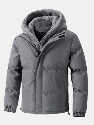 Men's Hooded Puffer Jacket with Teddy Fleece Lining - Grey