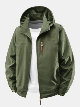 Men's Lightweight Nylon Windbreaker Jacket – Detachable Hood Relaxed F - Army Green