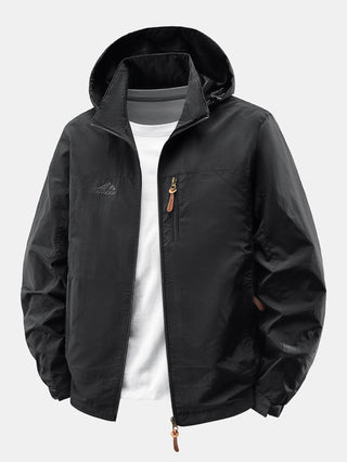 Men's Lightweight Nylon Windbreaker Jacket – Detachable Hood Relaxed F - Black