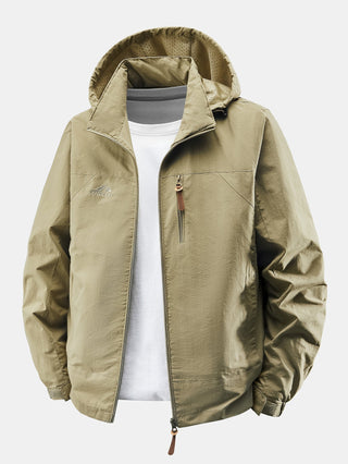 Men's Lightweight Nylon Windbreaker Jacket – Detachable Hood Relaxed F - Khaki