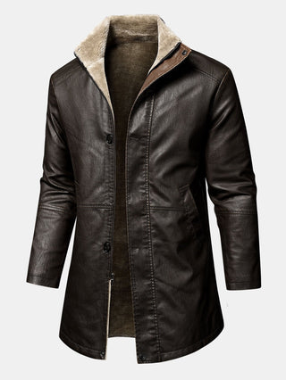 Men's Long Faux Leather Winter Coat – Stand Collar Overcoat - Dark Brown