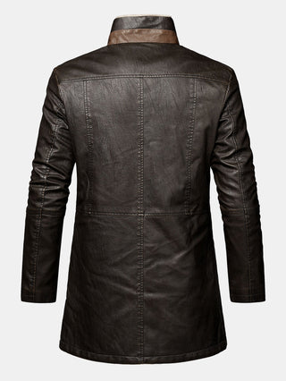 Men's Long Faux Leather Winter Coat – Stand Collar Overcoat