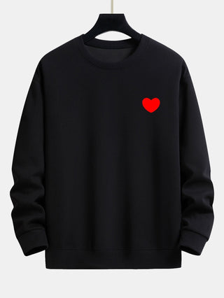 Men's Minimalist Heart Print Crew Neck Sweatshirt – Relaxed Fit - Black