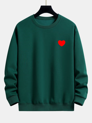 Men's Minimalist Heart Print Crew Neck Sweatshirt – Relaxed Fit - Dark Green