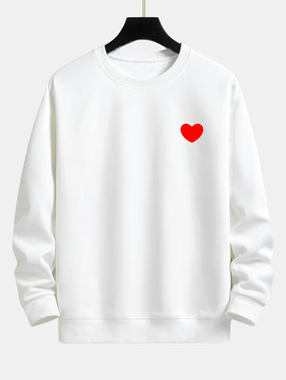 Men's Minimalist Heart Print Crew Neck Sweatshirt – Relaxed Fit - White