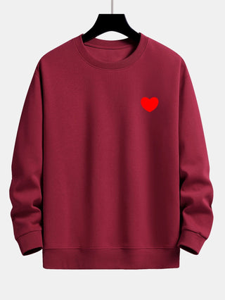 Men's Minimalist Heart Print Crew Neck Sweatshirt – Relaxed Fit - Wine Red