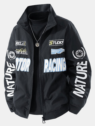 Men's Motorsport Racing Bomber Jacket – Relaxed Fit Zip-Up - Black