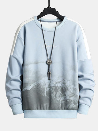 Men's Mountain Graphic Crew Neck Sweatshirt – Relaxed Fit Pullover - Light Blue