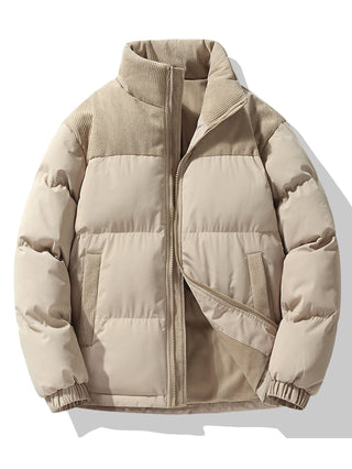 Men's Padded Puffer Jacket with Corduroy Panels – Winter Casual - Beige