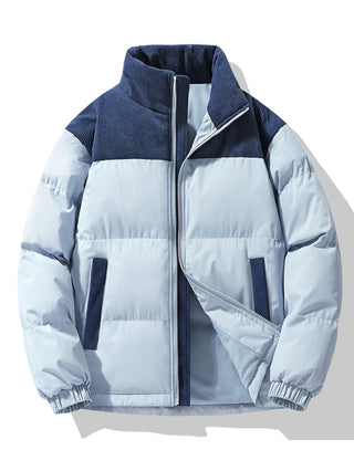 Men's Padded Puffer Jacket with Corduroy Panels – Winter Casual - Light Blue