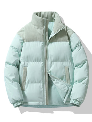 Men's Padded Puffer Jacket with Corduroy Panels – Winter Casual - Light Green