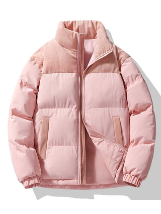 Men's Padded Puffer Jacket with Corduroy Panels – Winter Casual - Light Pink