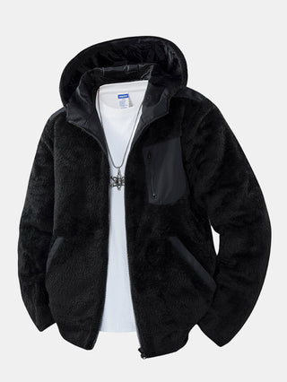 Men's Plush Teddy Fleece Hooded Jacket – Relaxed Fit - Black