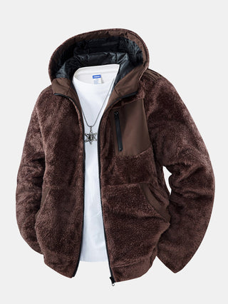 Men's Plush Teddy Fleece Hooded Jacket – Relaxed Fit - Dark Brown