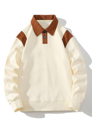 Men's Polo Collar Sweatshirt – Relaxed Fit Colour Block Pullover - Beige
