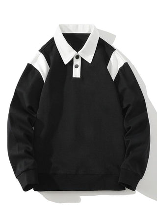 Men's Polo Collar Sweatshirt – Relaxed Fit Colour Block Pullover - Black