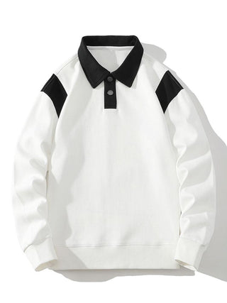 Men's Polo Collar Sweatshirt – Relaxed Fit Colour Block Pullover - White