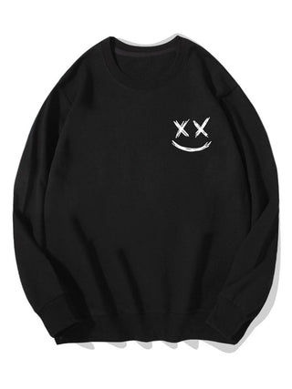 Men's Smiley Face Print Sweatshirt – Relaxed Fit Crew Neck - Black