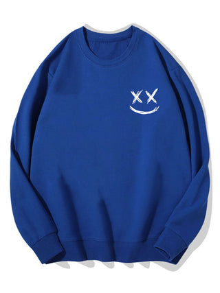 Men's Smiley Face Print Sweatshirt – Relaxed Fit Crew Neck - Blue