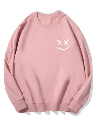 Men's Smiley Face Print Sweatshirt – Relaxed Fit Crew Neck - Light Pink