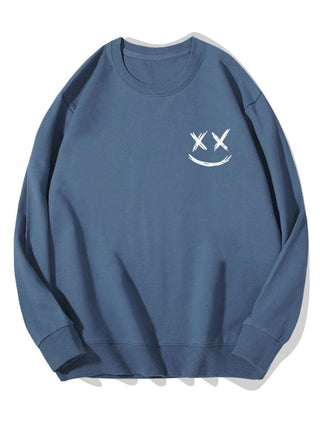 Men's Smiley Face Print Sweatshirt – Relaxed Fit Crew Neck - Navy