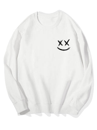 Men's Smiley Face Print Sweatshirt – Relaxed Fit Crew Neck - White