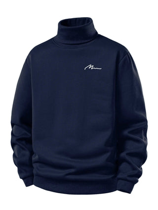 Men's Teddy Fleece Roll Neck Sweatshirt – Warm Casual Pullover - Navy Blue