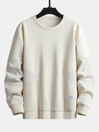 Men's Textured Patchwork Crew Neck Sweatshirt – Relaxed Fit Pullover - Beige