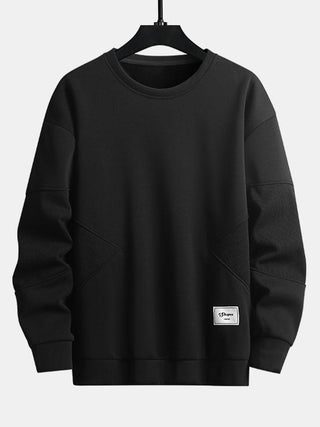 Men's Textured Patchwork Crew Neck Sweatshirt – Relaxed Fit Pullover - Black