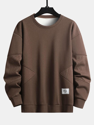 Men's Textured Patchwork Crew Neck Sweatshirt – Relaxed Fit Pullover - Brown