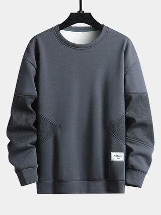 Men's Textured Patchwork Crew Neck Sweatshirt – Relaxed Fit Pullover - Grey