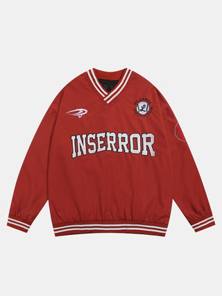Men's V-Neck Baseball Sweatshirt – Oversized Graphic Pullover - Red