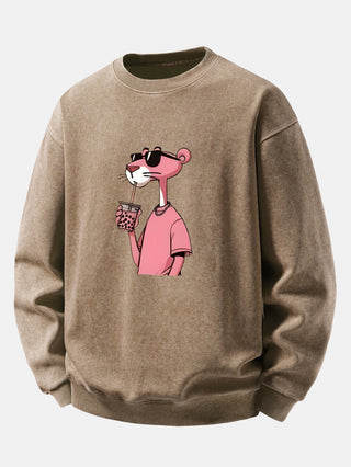 Men's Vintage Washed Cotton Sweatshirt – Relaxed Fit Crew Neck - Brown