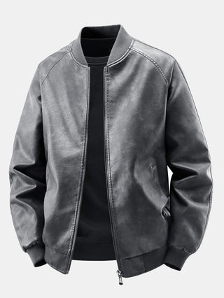 Men's Vintage Washed Faux Leather Bomber Jacket in dark grey, Relaxed Fit