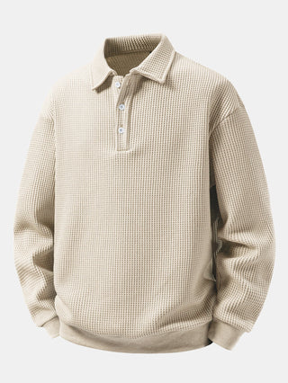 Men's Waffle Textured Polo Sweatshirt – Relaxed Fit Long Sleeve - Beige