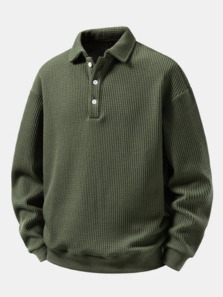 Men's Waffle Textured Polo Sweatshirt – Relaxed Fit Long Sleeve - Dark Green