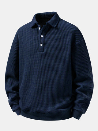Men's Waffle Textured Polo Sweatshirt – Relaxed Fit Long Sleeve - Navy