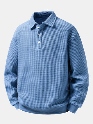 Men's Waffle Textured Polo Sweatshirt – Relaxed Fit Long Sleeve - Sky Blue