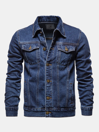 Men's Washed Denim Trucker Jacket – Regular Fit Cotton - Dark Blue
