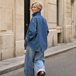 Women's Asymmetric Denim Jacket - Angled Button Stand Collar