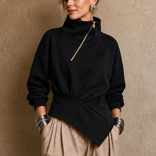 Women's Asymmetric Diagonal-Zip High-Neck Sweatshirt in black, Relaxed Fit