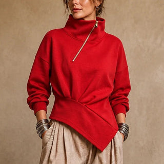 Women's Asymmetric Diagonal-Zip High-Neck Sweatshirt in red, Relaxed Fit